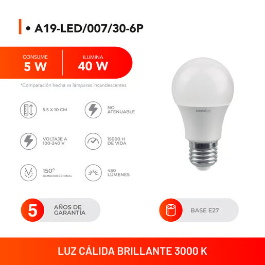 A19-LED/007/30-6P - Paquete 6 Focos LED 5 W Luz Cálida
