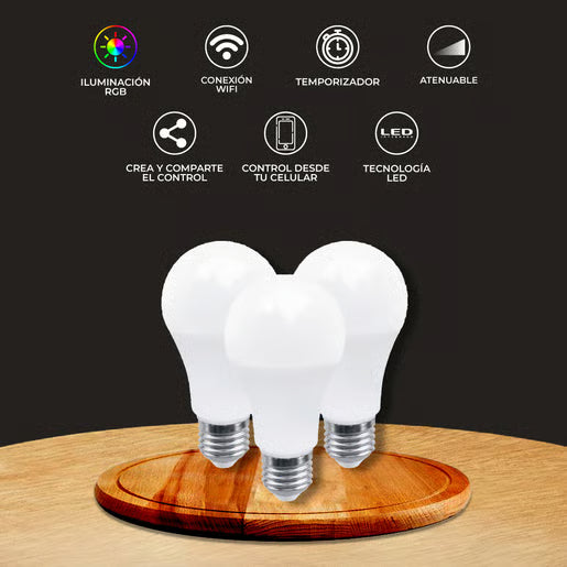 COLORS SMART | Paquete de 3 Focos Inteligentes WiFi A19 LED RGBW 8 W E27 Compatibles con Alexa y Google Home