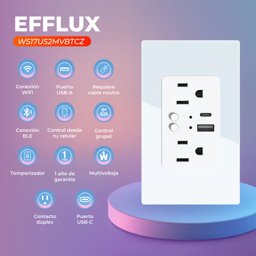 EFFLUX - Tomacorriente Inteligente WiFi 2 Enchufes y USB