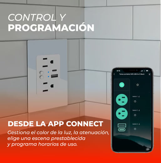 EFFLUX - Tomacorriente Inteligente WiFi 2 Enchufes y USB